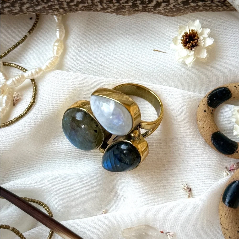 Triple Precious Gemstone Set Gold Plated Sterling Silver Statement Ring